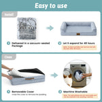 Instructions for using a pet bed with vacuum-sealed packaging, expansion, cover removal, and machine washing.