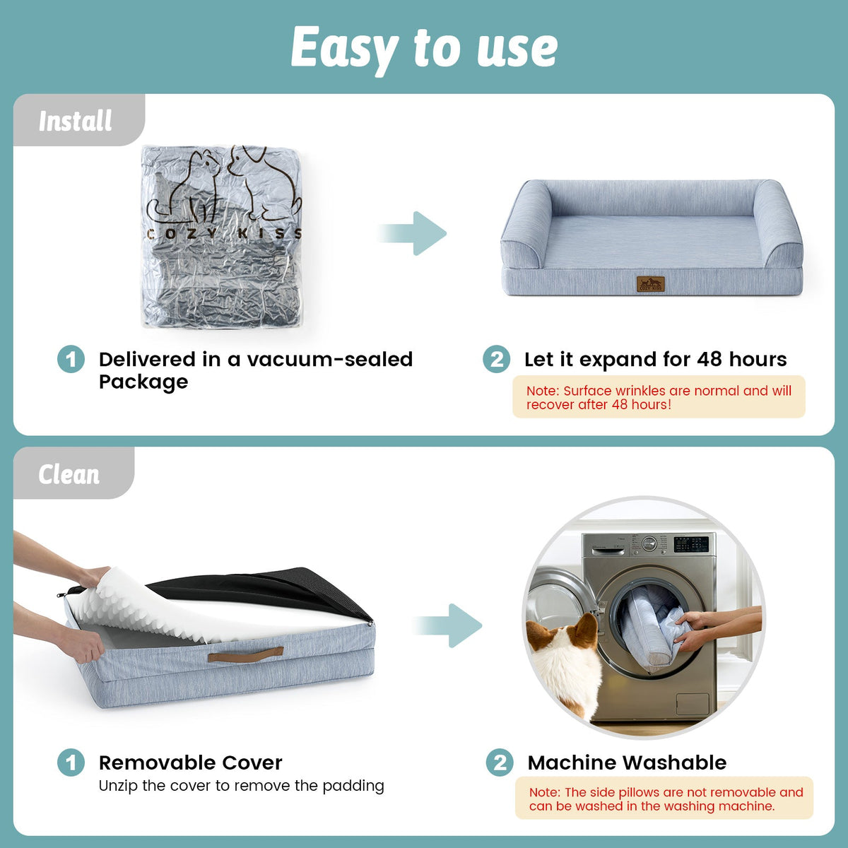Instructions for using a pet bed with vacuum-sealed packaging, expansion, cover removal, and machine washing.