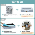Instructions for using a pet bed with vacuum-sealed packaging, expansion, and machine washing features.