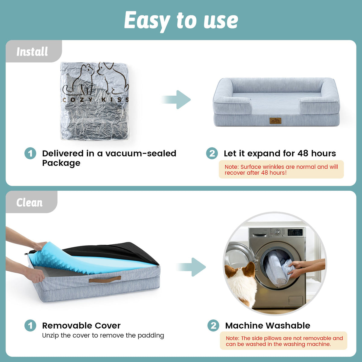 Instructions for using a pet bed with vacuum-sealed packaging, expansion, and machine washing features.
