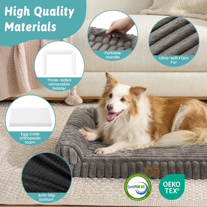 Close-up of the Cozy Kiss Striped Faux L-Shaped Washable Dog Bed, highlighting the bolster, carry handle, faux fur and anti-slip base. 