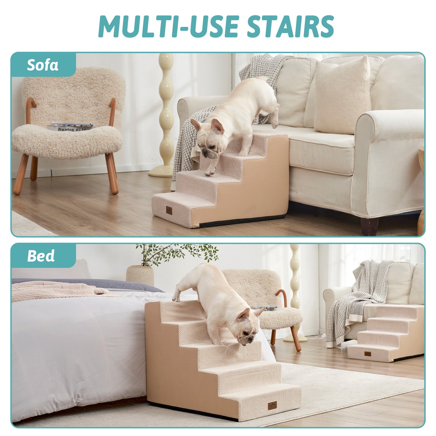 Cozy Kiss 5-Step Extra Wide Right-Angle Pet Stairs for multi use. #color_Beige