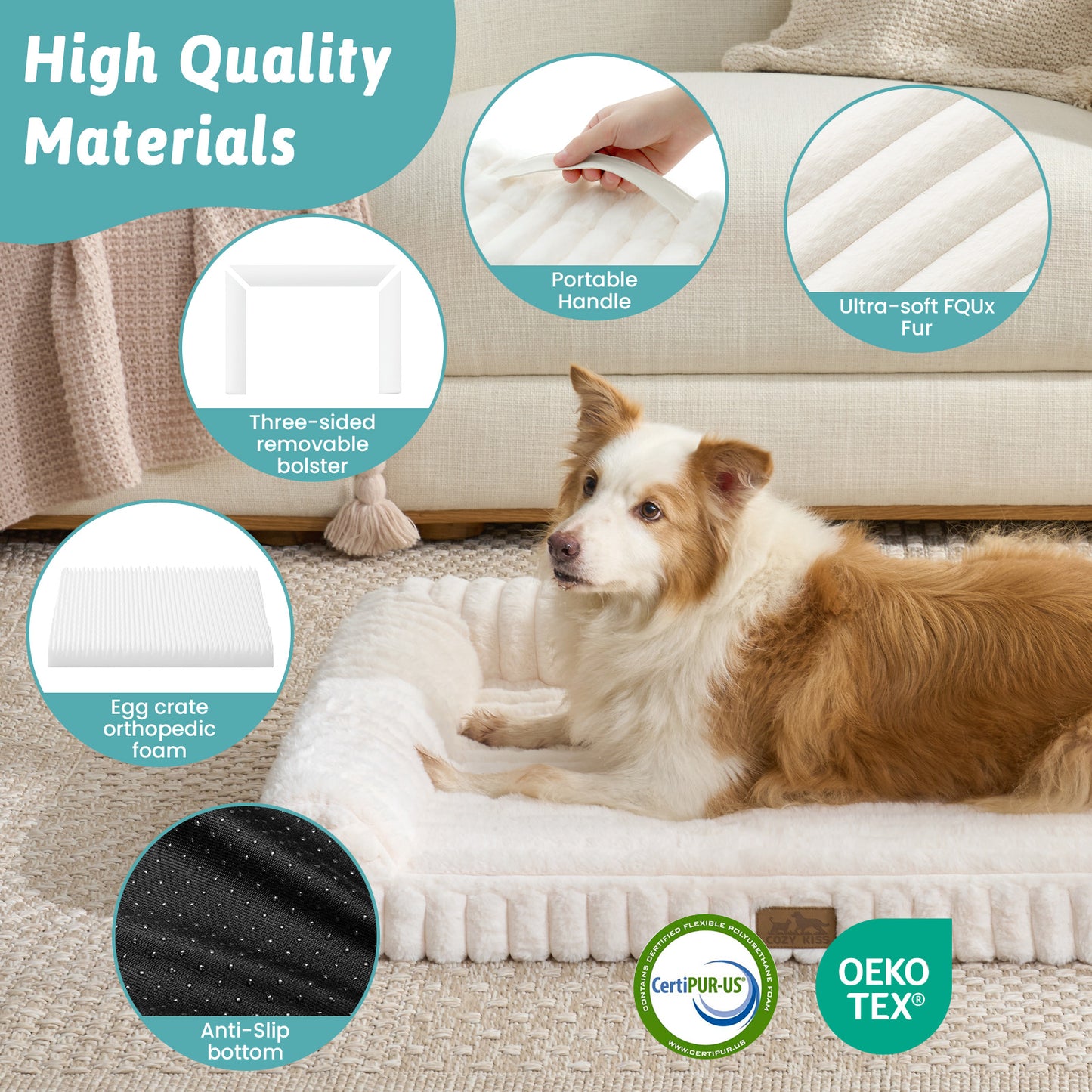 Dog resting on Cozy Kiss Striped Faux U-Shaped Washable Dog Bed with material and certification details. #color_Cream