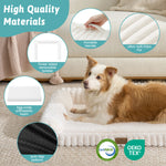 Dog resting on Cozy Kiss Striped Faux U-Shaped Washable Dog Bed with material and certification details. 