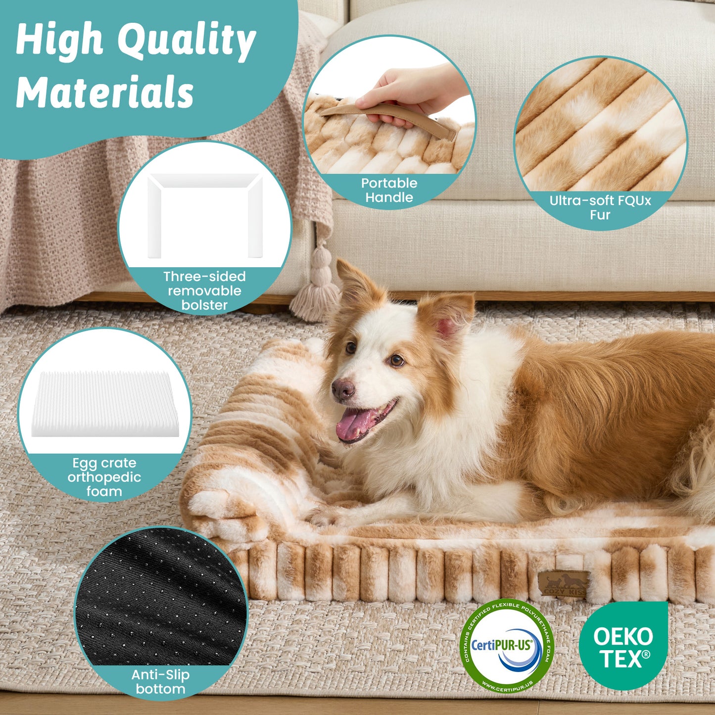 Dog resting on Cozy Kiss Striped Faux U-Shaped Washable Dog Bed with material and certification details. #color_Tie-dye Brown
