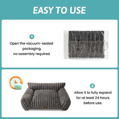 Cozy Kiss Ultra Soft Plush Striped Faux Pet Sofa Bed vacuum packed pet bed with easy setup design #color_Grey