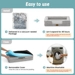 Instructions for using a pet bed with vacuum-sealed packaging, expansion, a removable cover, and machine washing.