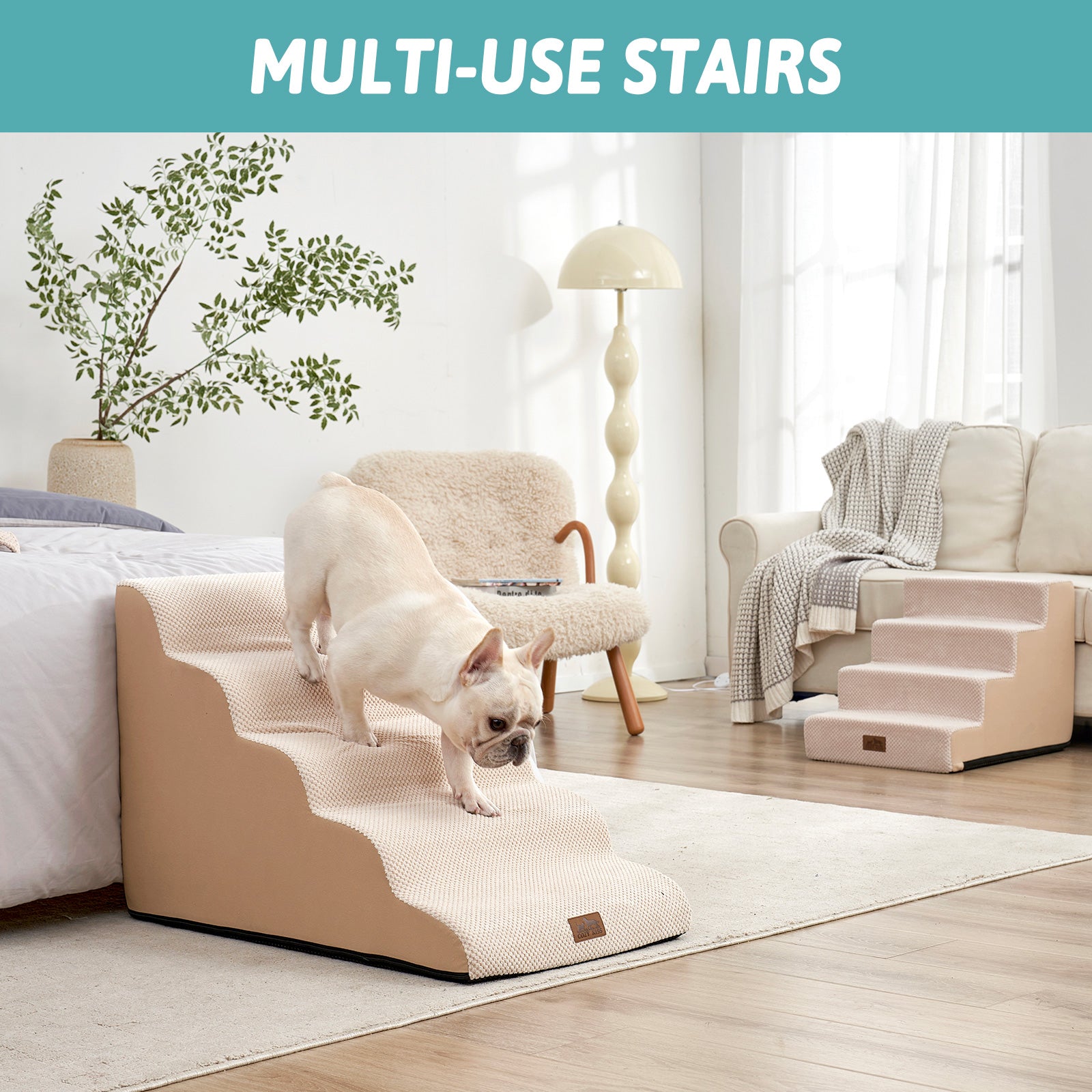 Cozy Kiss 5-Step Extra Wide Curved Pet Stairs with multi use #color_Beige