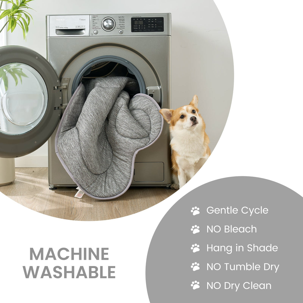 Machine washable cooling pet mat placed in washing machine for easy cleaning and maintenance.