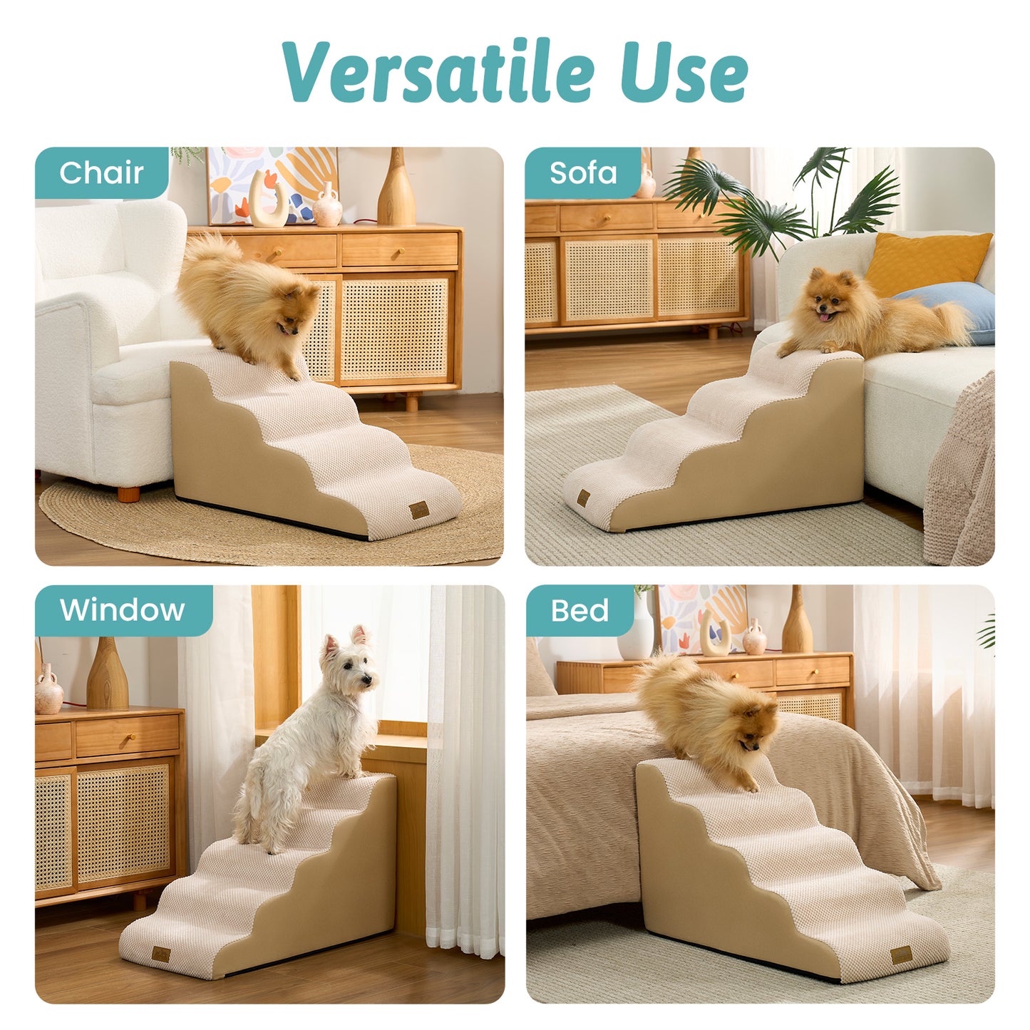 Multi-scene lifestyle collage showing Cozy Kiss Gentle Slope Curved Pet Stairs used with chairs, sofas, windows, and beds #color_Beige