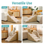 Multi-scene lifestyle collage showing Cozy Kiss Gentle Slope Curved Pet Stairs used with chairs, sofas, windows, and beds