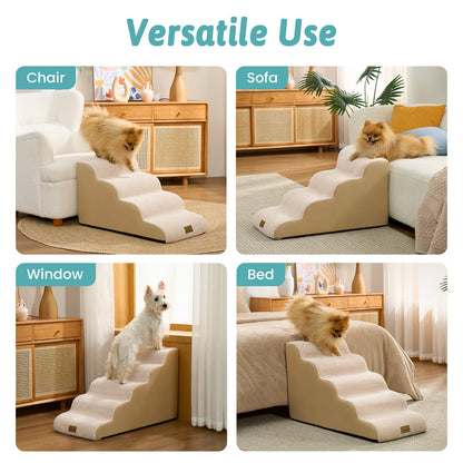 Multi-scene lifestyle collage showing Cozy Kiss Gentle Slope Curved Pet Stairs used with chairs, sofas, windows, and beds #color_Beige