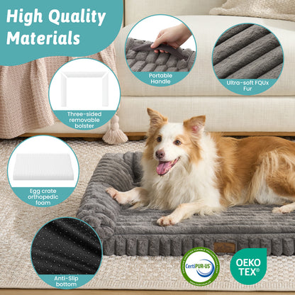 Dog resting on Cozy Kiss Striped Faux U-Shaped Washable Dog Bed with material and certification details. #color_Grey