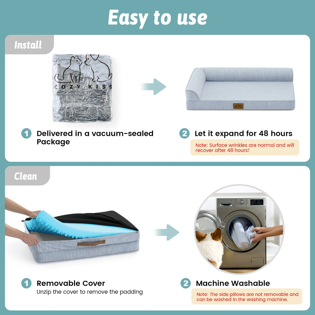 Instructions for using a product, including installation and cleaning steps.