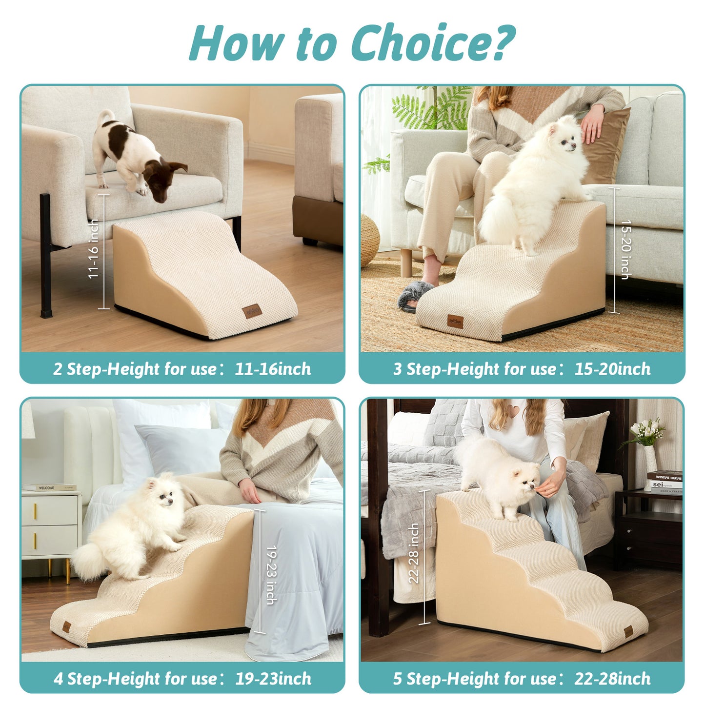 Size comparison chart for Cozy Kiss Joint-Friendly Curved Pet Stairs #Color_Beige