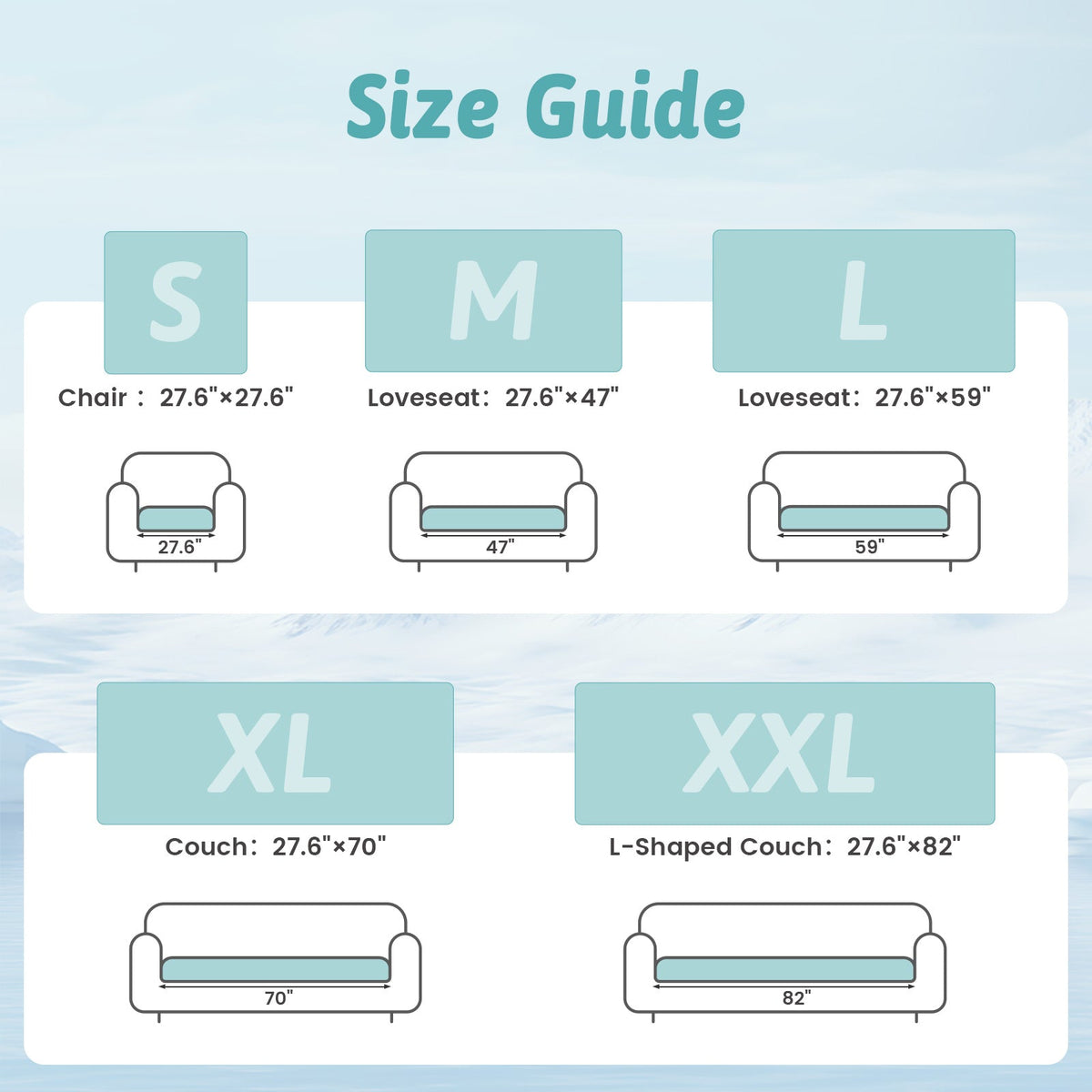 Size guide for furniture covers with dimensions of chairs, loveseats, and couches.