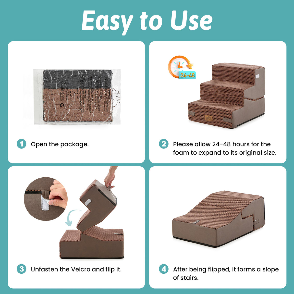Cozy Kiss 3-step convertible pet stairs usage guide showing 4 easy steps: open package, allow 24-48 hours for foam expansion, unfasten Velcro and flip to convert stairs into a pet ramp slope.