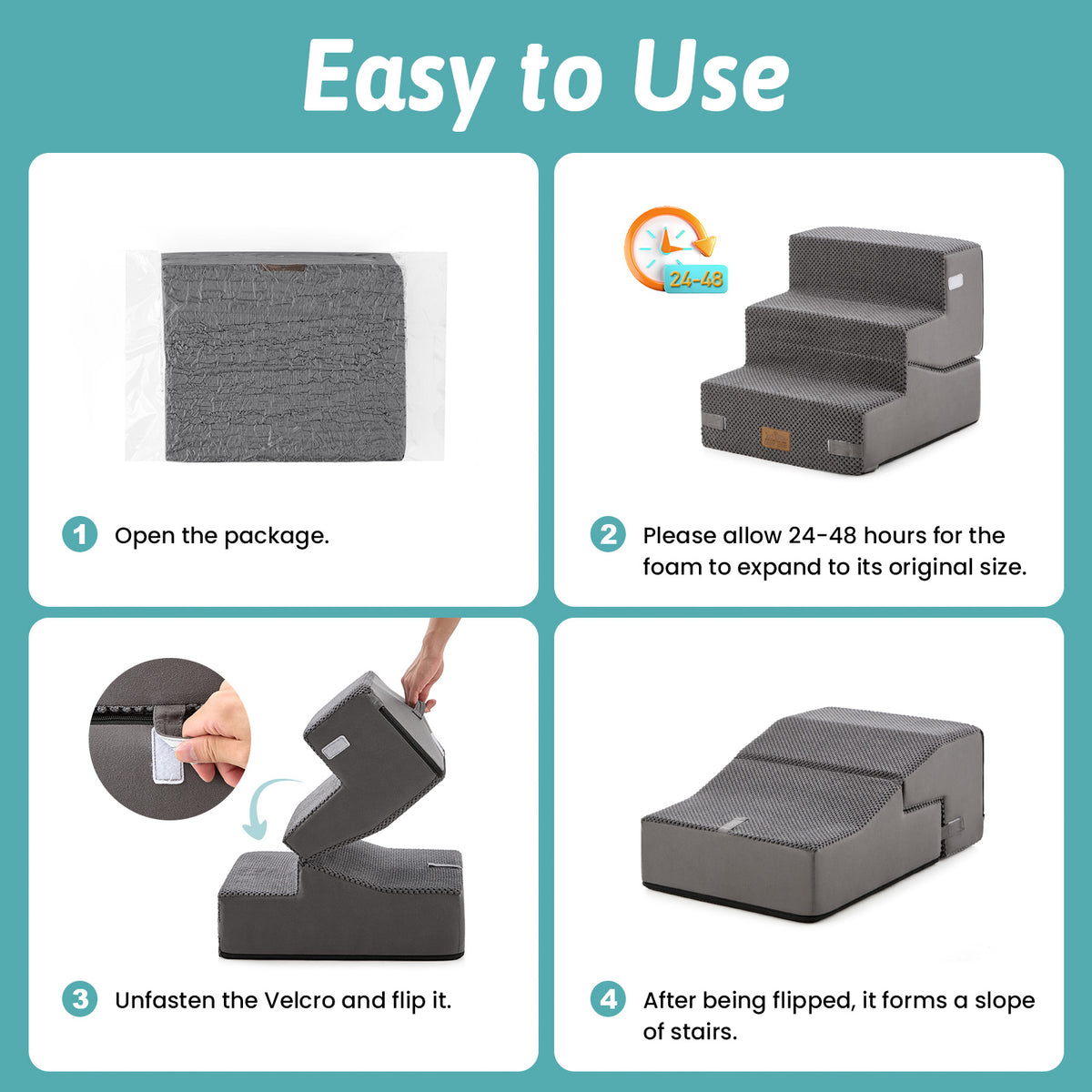 Cozy Kiss 3-step convertible pet stairs usage guide showing 4 easy steps: open package, allow 24-48 hours for foam expansion, unfasten Velcro and flip to convert stairs into a pet ramp slope.