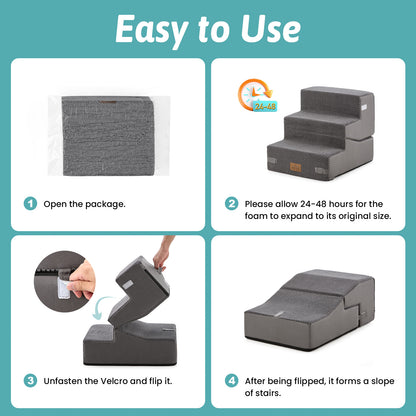 Cozy Kiss 3-step convertible pet stairs usage guide showing 4 easy steps: open package, allow 24-48 hours for foam expansion, unfasten Velcro and flip to convert stairs into a pet ramp slope.#color_Grey
