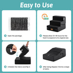 Cozy Kiss 3-step convertible pet stairs usage guide showing 4 easy steps: open package, allow 24-48 hours for foam expansion, unfasten Velcro and flip to convert stairs into a pet ramp slope.