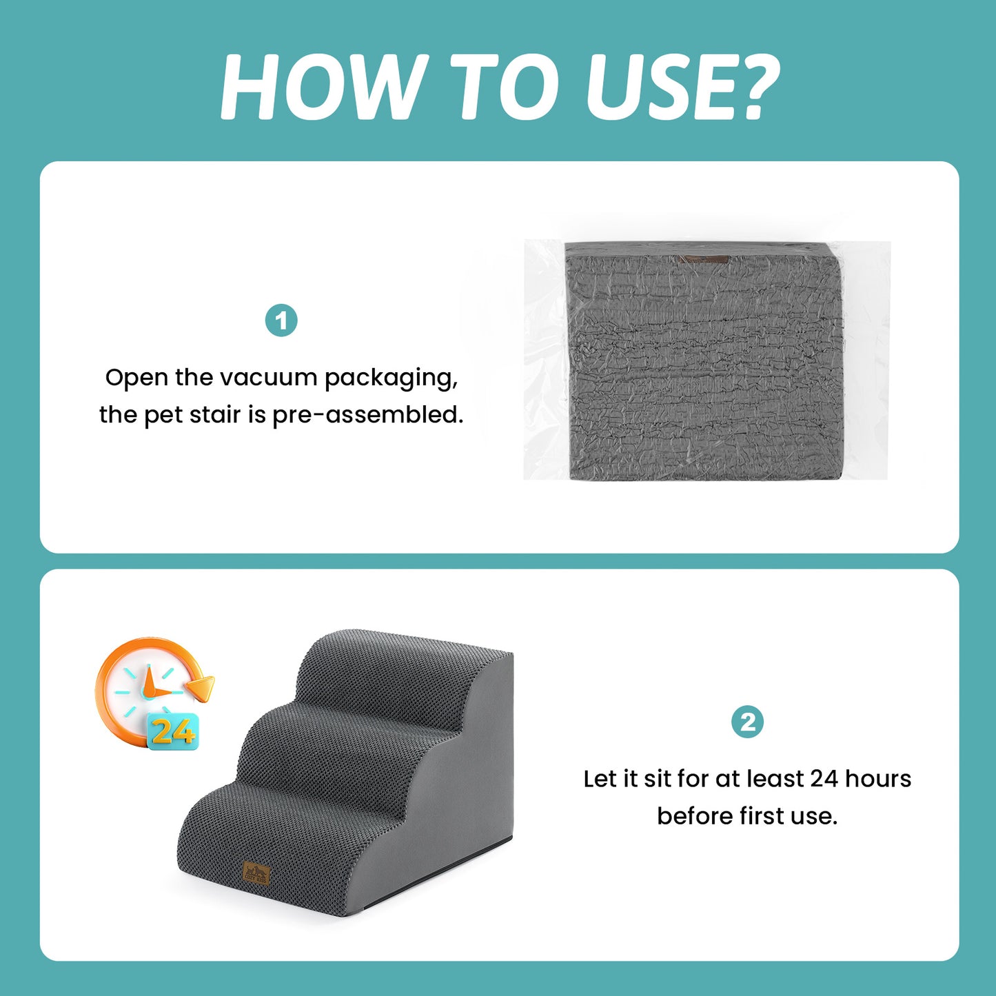 Cozy Kiss 3-Step Extra Wide Curved Pet Stairs setup guide with foam expansion instructions
