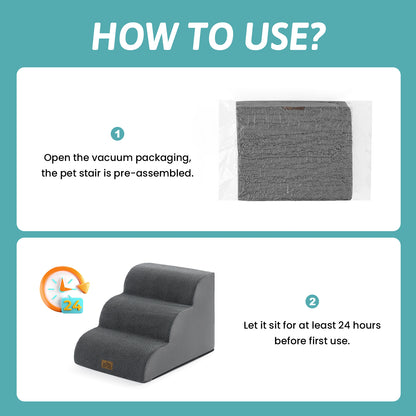 Cozy Kiss 3-Step Extra Wide Curved Pet Stairs setup guide with foam expansion instructions
