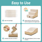 Cozy Kiss 3-step convertible pet stairs usage guide showing 4 easy steps: open package, allow 24-48 hours for foam expansion, unfasten Velcro and flip to convert stairs into a pet ramp slope.