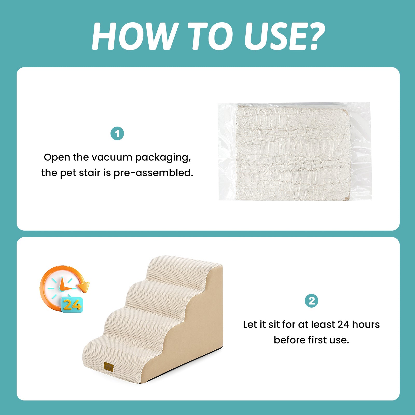 Cozy Kiss 4-Step Extra Wide Curved Pet Stairs setup guide with foam expansion instructions #color_Beige