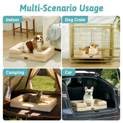 Cozy Kiss dog bed used in various scenarios including indoor, dog crate, camping, and car.#color_Beige
