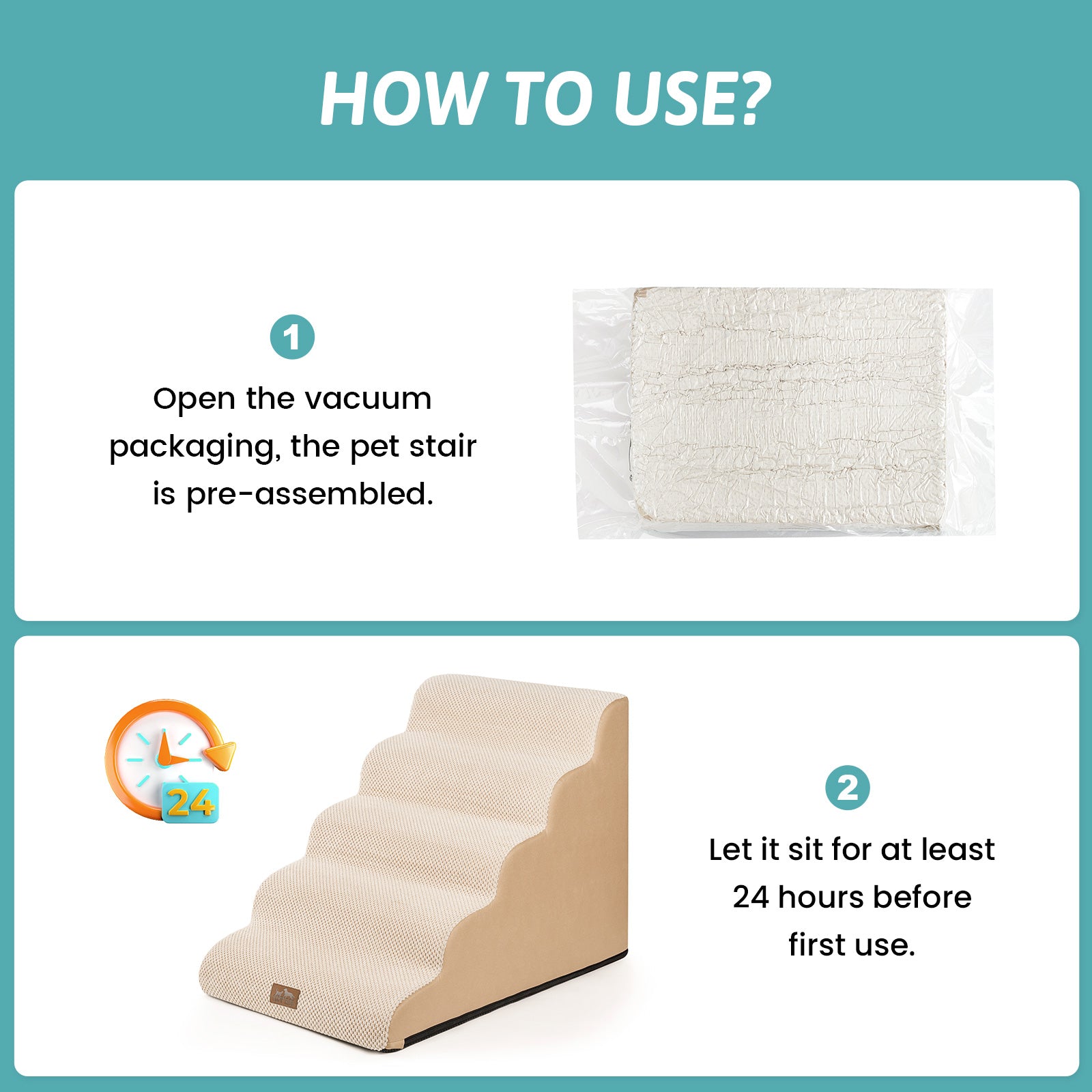 Cozy Kiss 5-Step Extra Wide Curved Pet Stairs setup guide with foam expansion instructions #color_Beige
