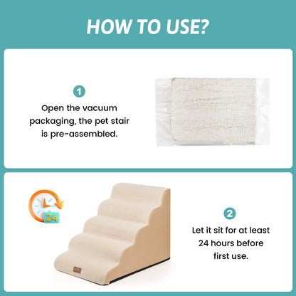 Cozy Kiss 5-Step Extra Wide Curved Pet Stairs setup guide with foam expansion instructions #color_Beige
