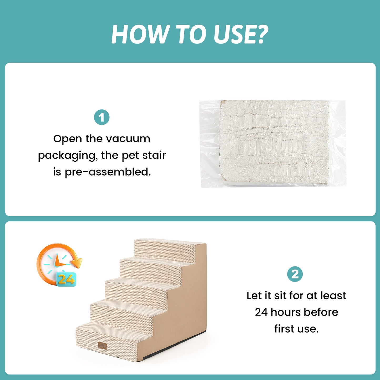 Installation guide for Cozy Kiss 5-Step Extra Wide Right-Angle Pet Stairs, showing vacuum-packed delivery and expansion before use. #color_Beige