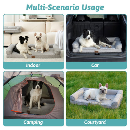 Cozy Kiss dog bed used in various scenarios including indoor, car, camping, and courtyard.#color_Grey