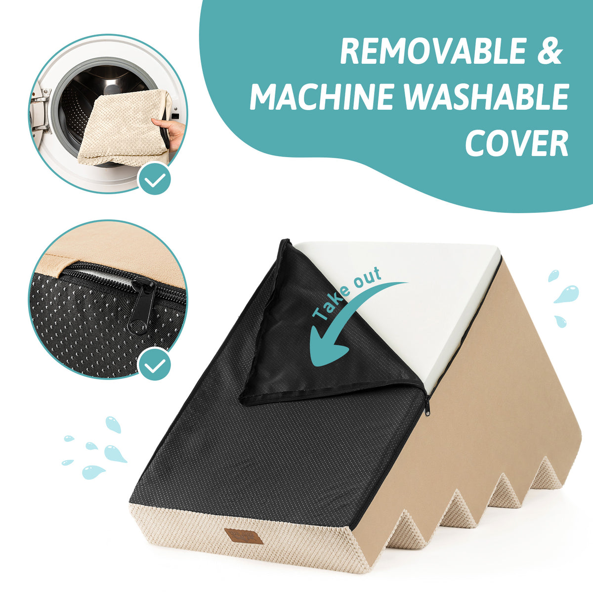Removable machine-washable cover on Cozy Kiss Right-Angle Pet Stairs #color_Beige