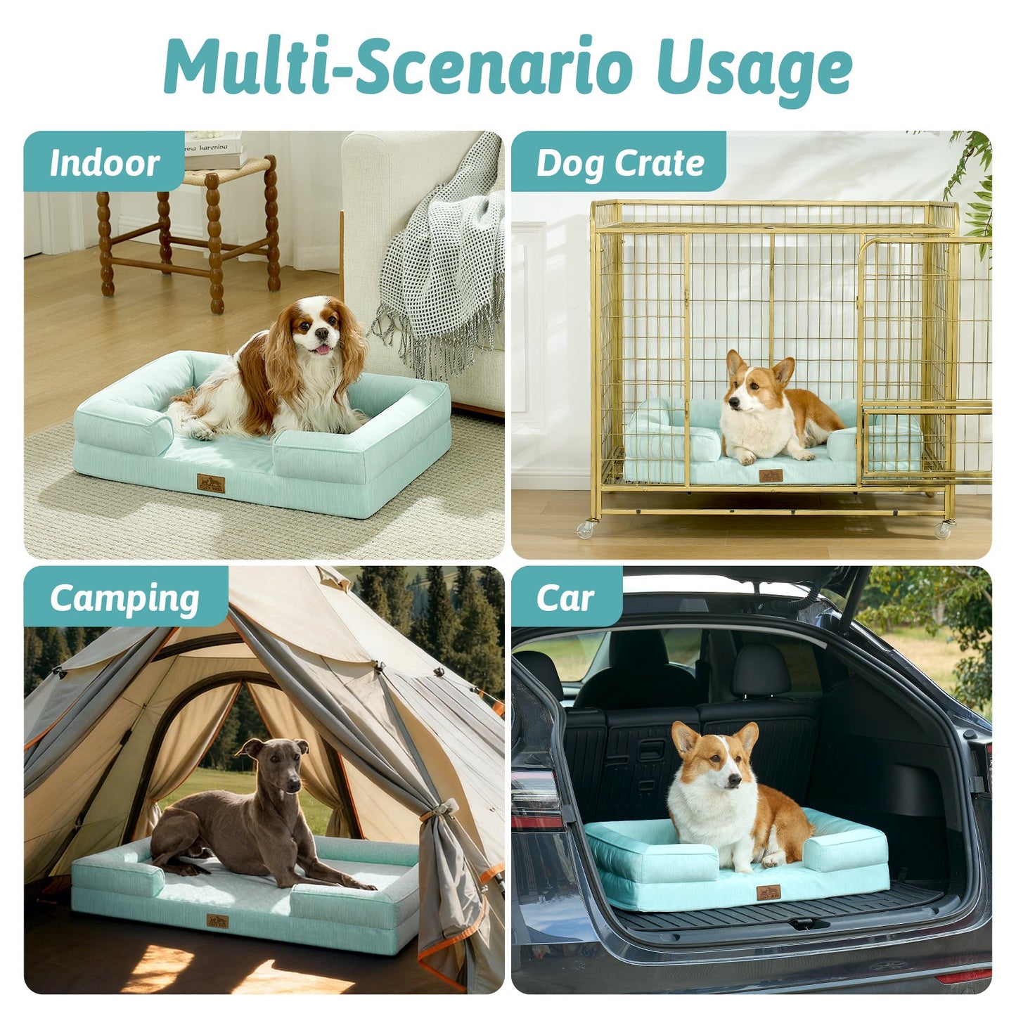 Cozy Kiss dog bed used in various scenarios including indoor, dog crate, camping, and car.#color_Sage Green