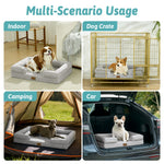 A dog bed used in various scenarios, including indoor, dog crate, camping, and car. 