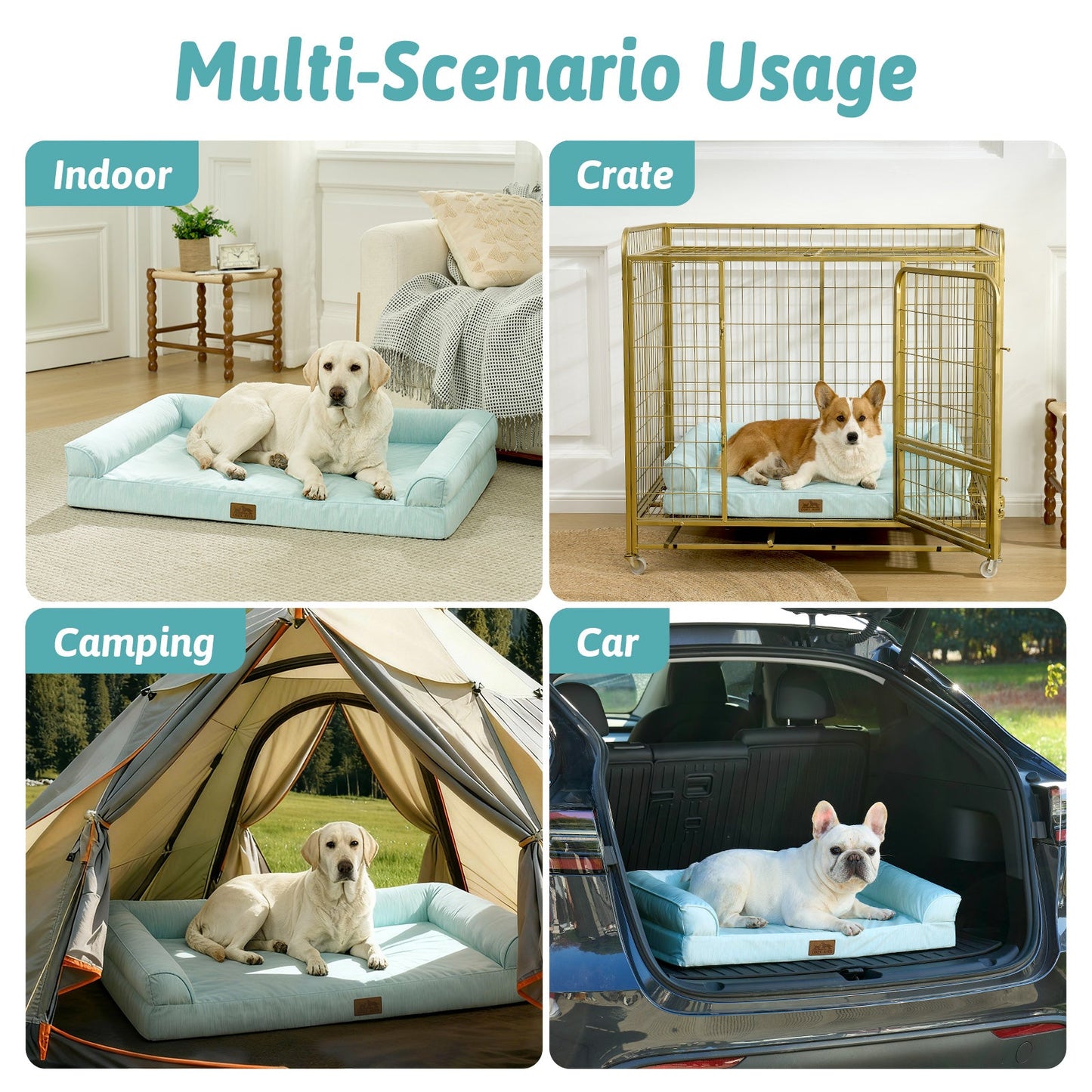 Cozy Kiss dog bed used indoors, in a crate, for camping, and in a car.#color_Sage Green