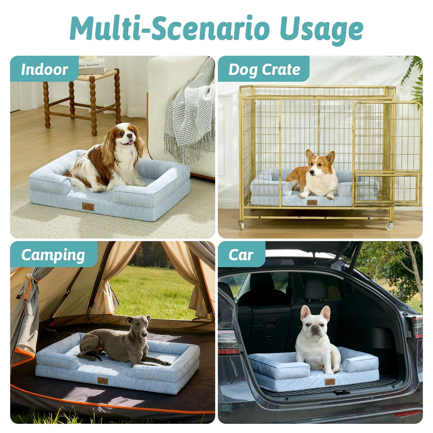 Cozy Kiss dog bed used in various scenarios including indoor, dog crate, camping, and car.#color_Sky Blue