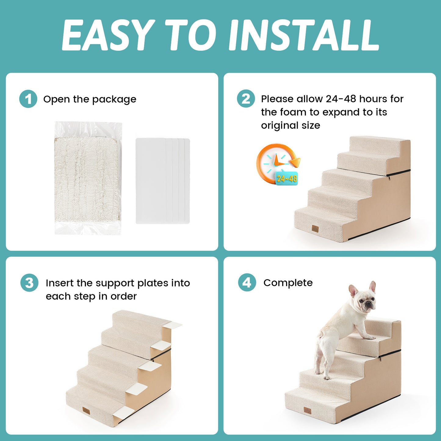 Cozy Kiss 5-Step Extra Wide Foldable Right-Angle Pet Stairs installation guide #color_Beige