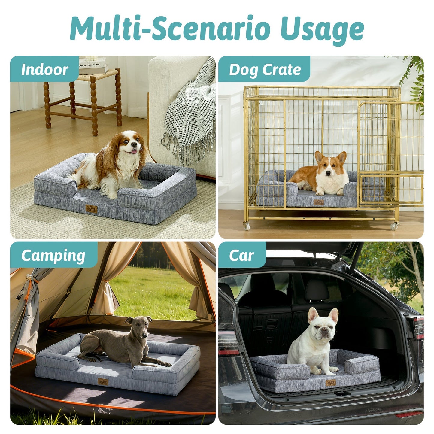 Cozy Kiss dog bed used in various scenarios including indoor, dog crate, camping, and car.#color_Dark Grey