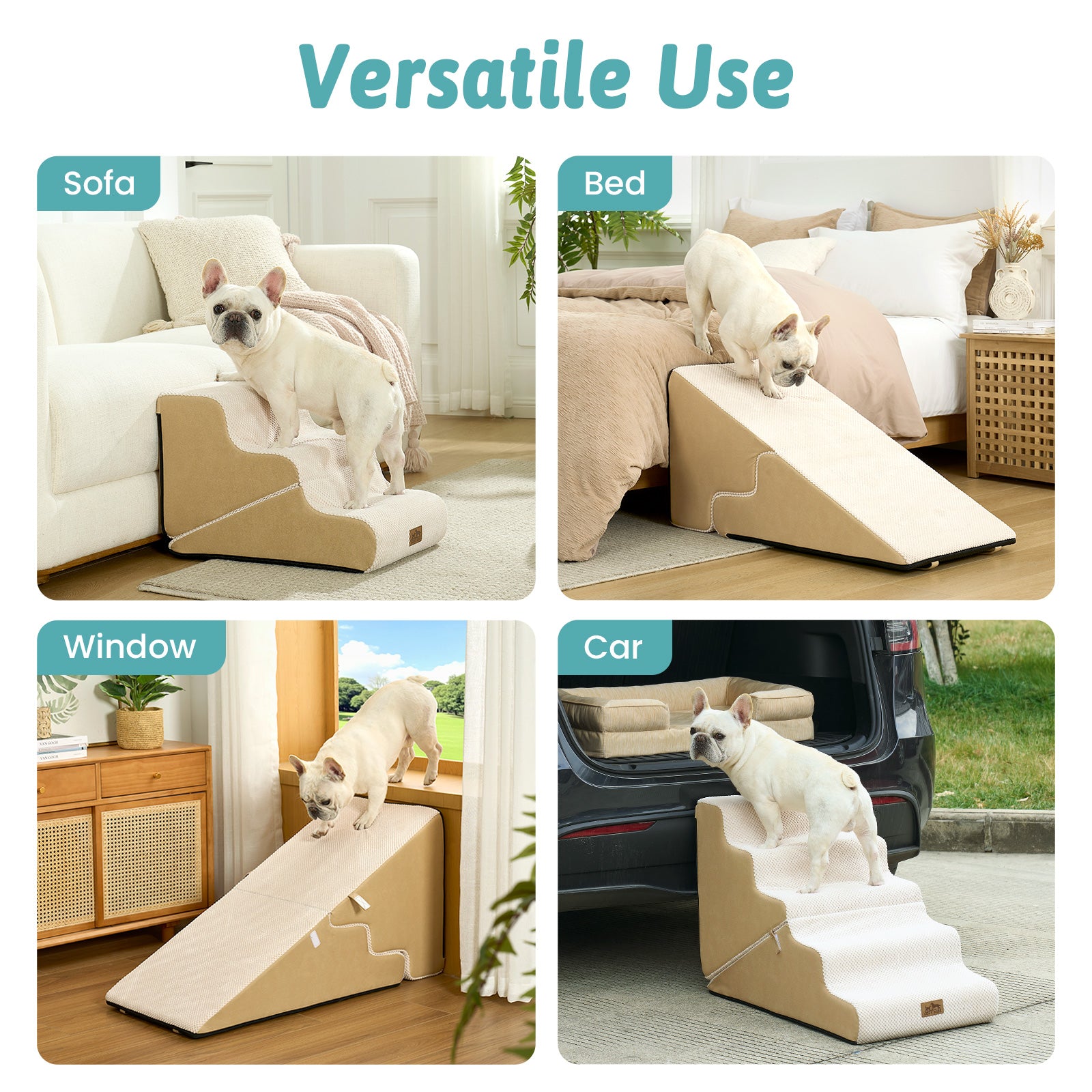 Cozy Kiss 3-Step 2-in-1 Pet Stairs with Ramp Mode for sofa, bed, window, and vehicle use #color_Beige