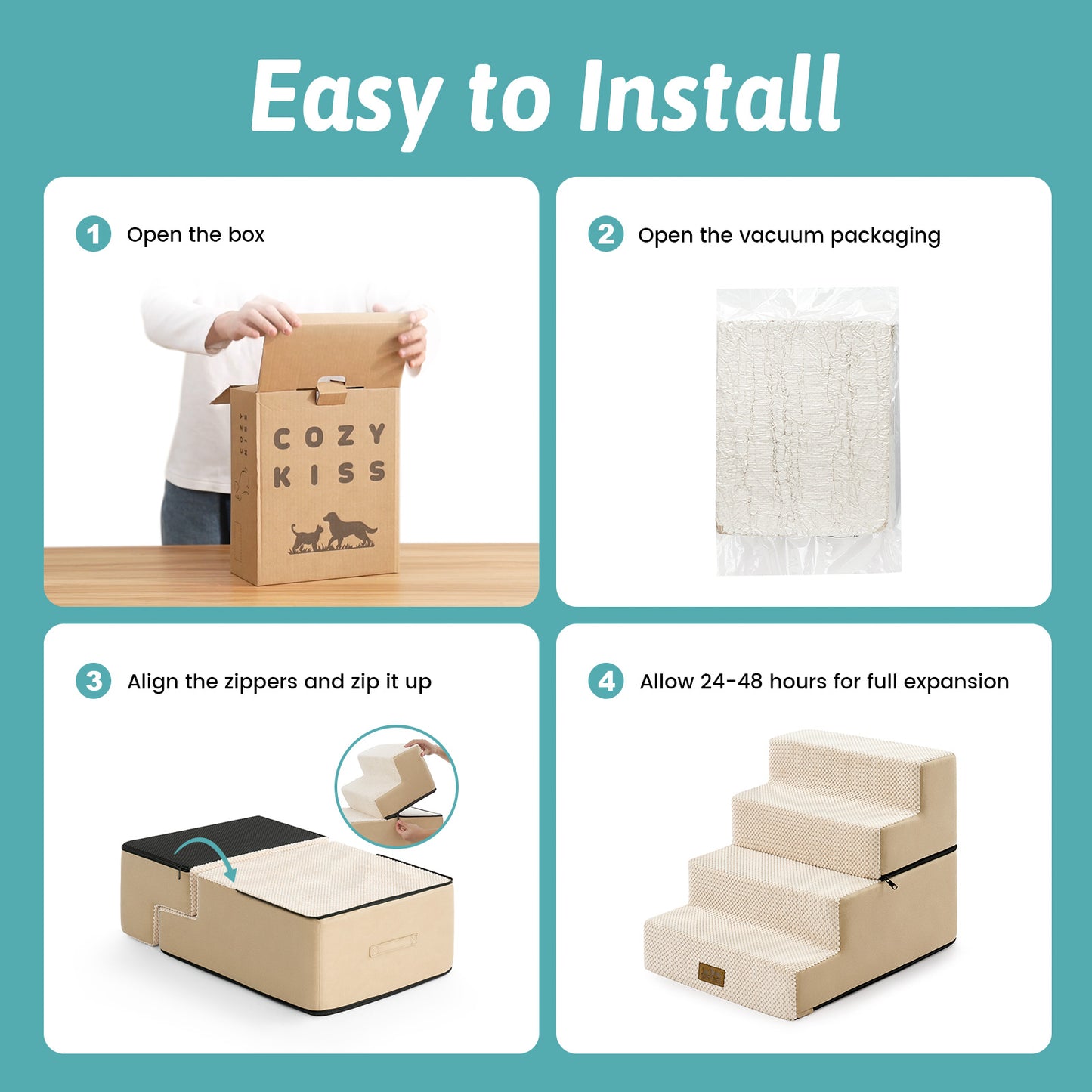 Cozy Kiss foldable pet stairs installation guide with zipper assembly design #color_Beige