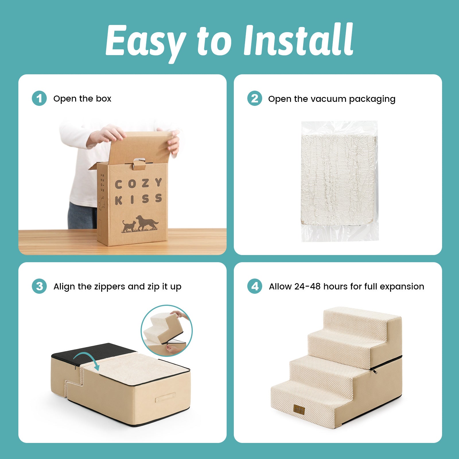 Cozy Kiss foldable pet stairs installation guide with zipper assembly design #color_Beige