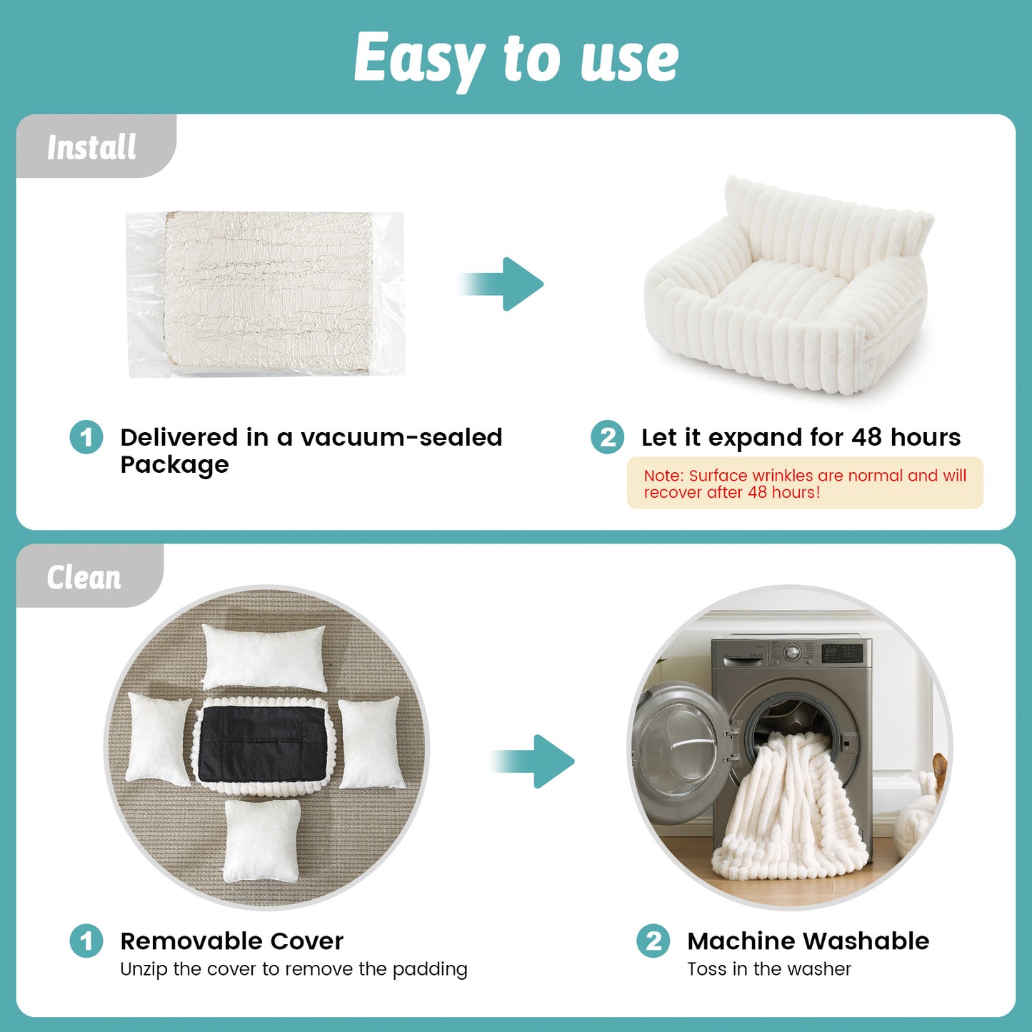 Cozy Kiss Multi-Functional Striped Faux Pet Sofa Bed removable cover and machine washable design for easy care #color_Beige