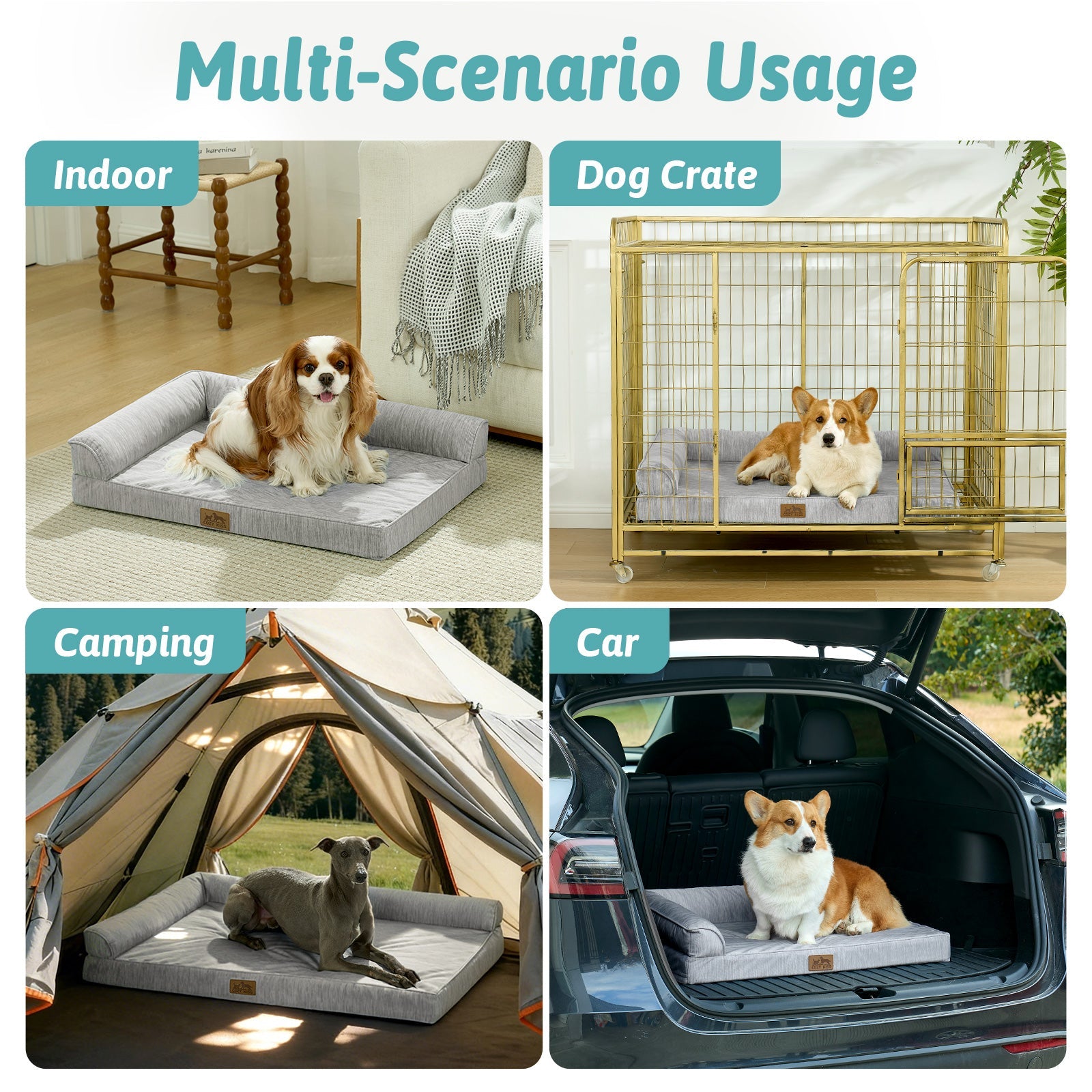 Cozy Kiss dog bed used in various scenarios including indoor, dog crate, camping, and car.#color_Grey