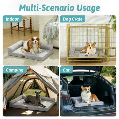 Cozy Kiss dog bed used in various scenarios including indoor, dog crate, camping, and car.#color_Grey