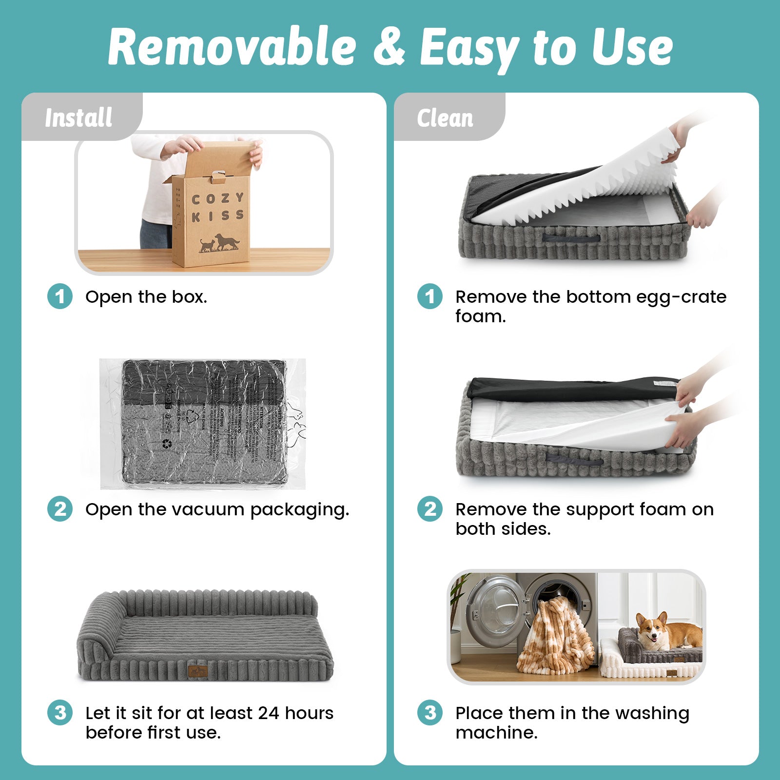 Care guide for the Cozy Kiss Striped Faux L-Shaped Washable Dog Bed, showing setup, foam removal and machine washing. 