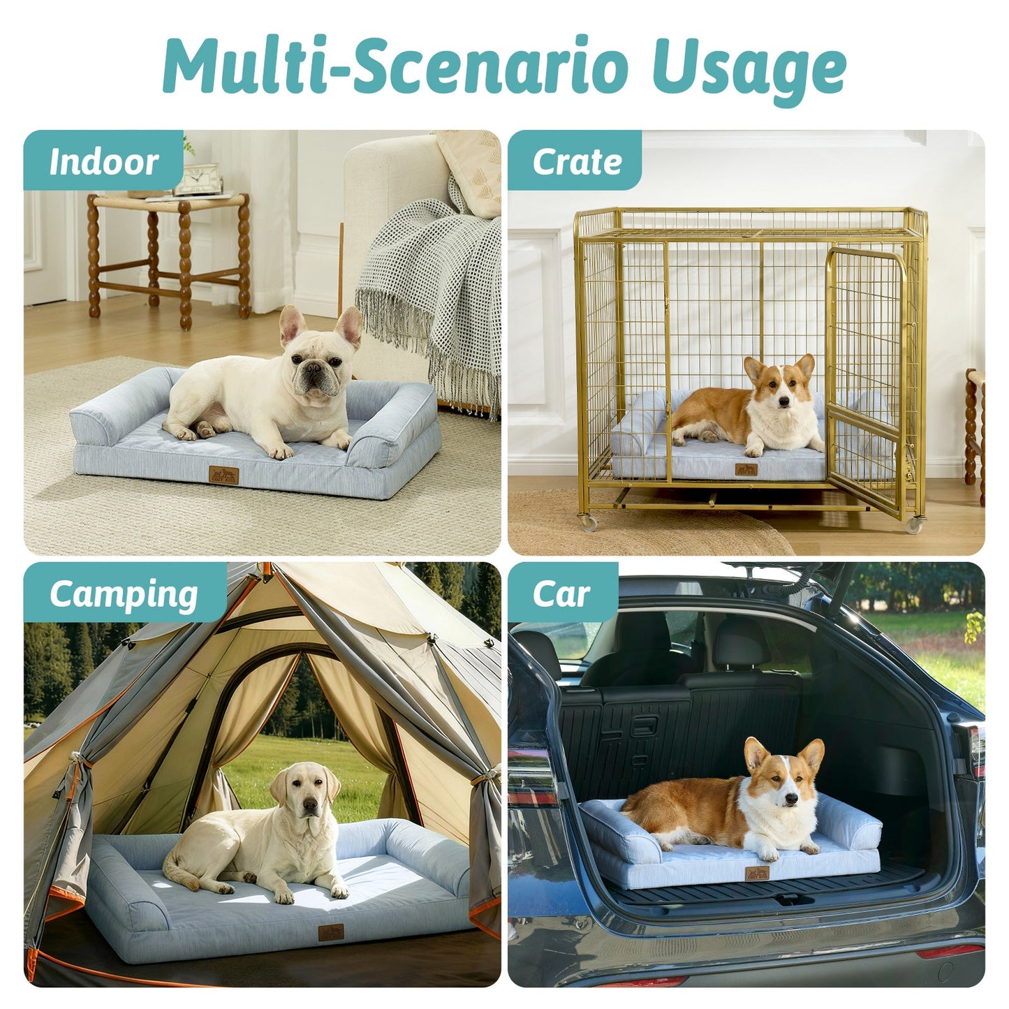 Cozy Kiss dog bed used in various scenarios including indoor, crate, camping, and car.#color_Sky Blue