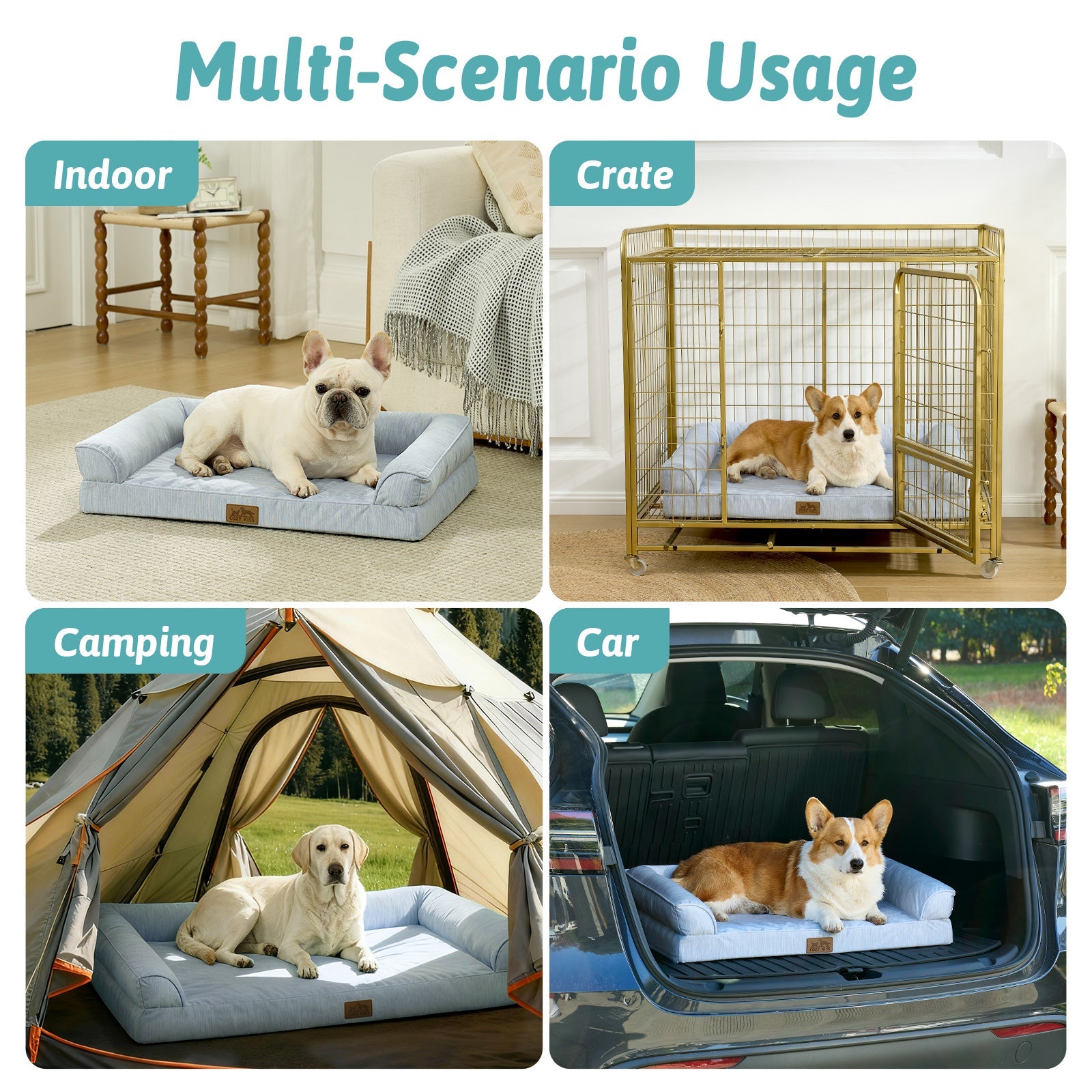 Cozy Kiss dog bed used in various scenarios including indoor, crate, camping, and car.#color_Sky Blue