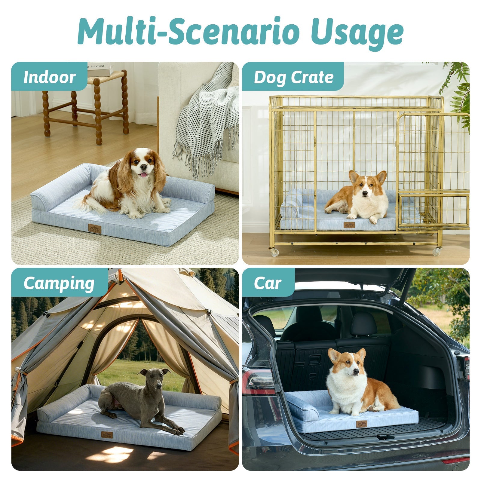 Cozy Kiss dog bed used in various scenarios including indoor, dog crate, camping, and car.#color_Sky Blue